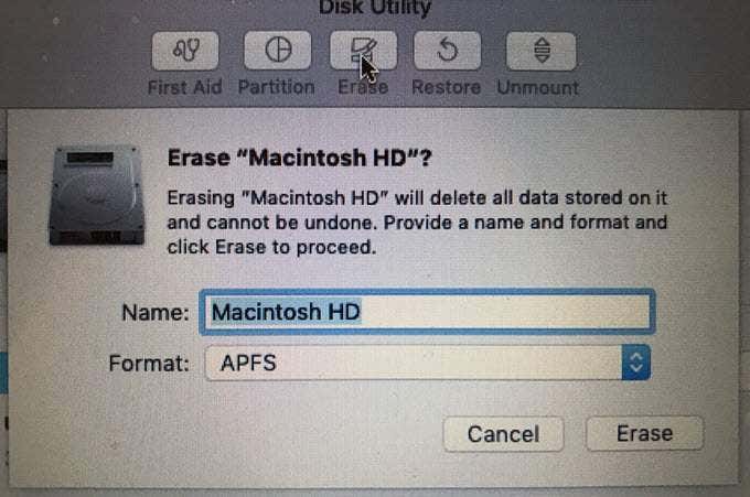 Erase Macintosh HD popup confirmation window