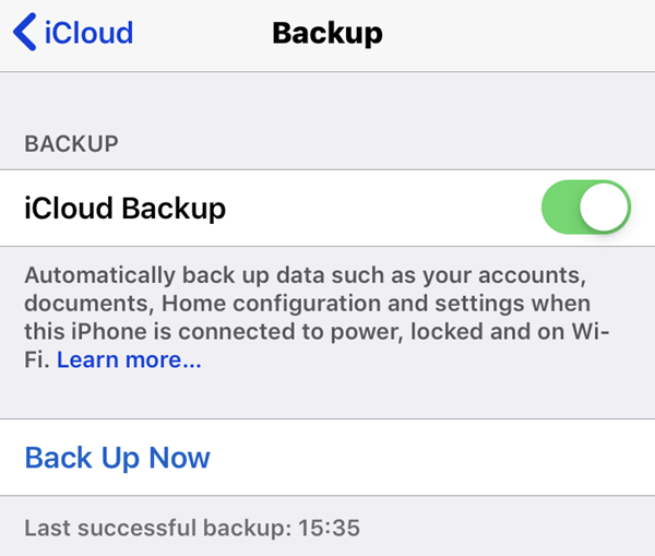 iCloud Backup window with iCloud Backup toggled On