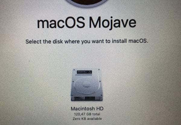 macOS Mojave screen where you select the disk you want to install it on