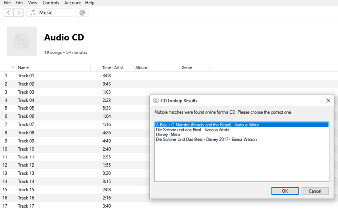 Audio CD detected and CD titles suggested