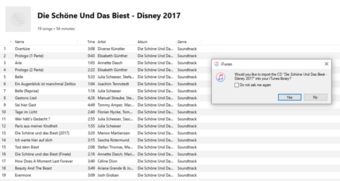 iTunes popup asking if you want to import the CD
