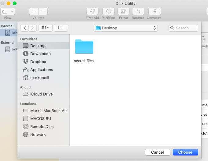 Disk Utility window where you choose the file you'd like to encrypt