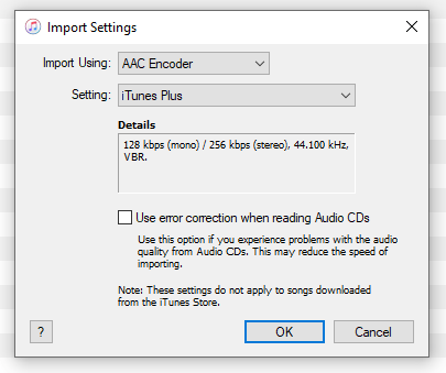 Import Settings popup menu