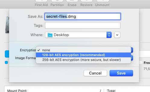 Disk Utility popup window where you choose encryption level