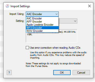 MP3 Encoder selected in Import Settings