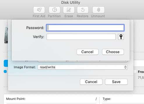 Enter Password popup in disk utility