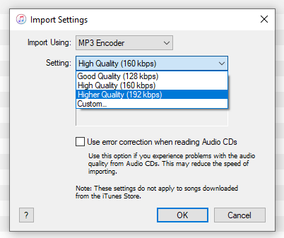 Higher Quality selected under Import Settings