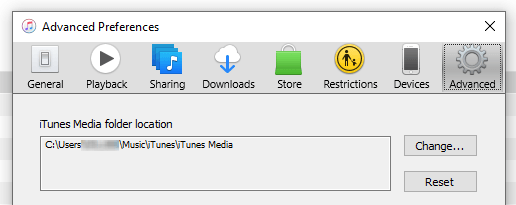 Advanced Preferences window in iTunes
