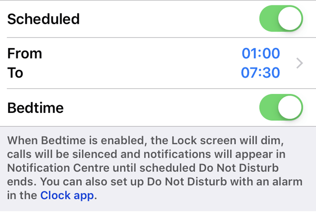 Scheduled option under Do Not Disturb toggled on