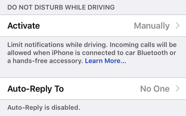 Do Not Disturb While Driving menu options