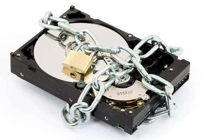 Photo of a hard drive with a padlock and chain around it