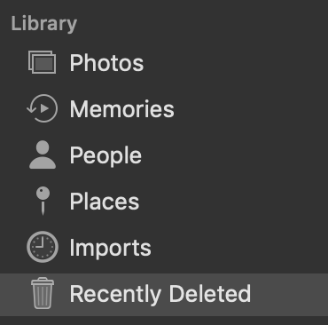 iPhoto Library menu with Recently Deleted selected