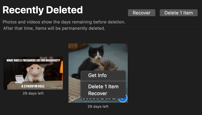 Recently Deleted photos window