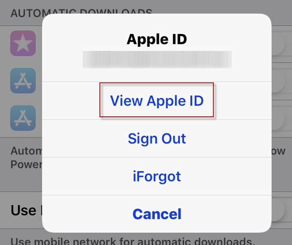 Apple ID popup with View Apple ID selected