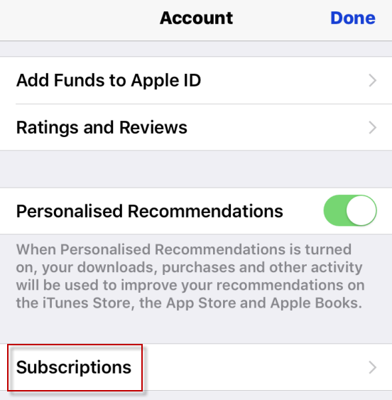Subscriptions menu highlighted under Account