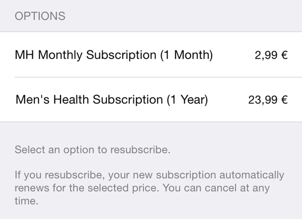 Monthly Subscription window without a blue tick