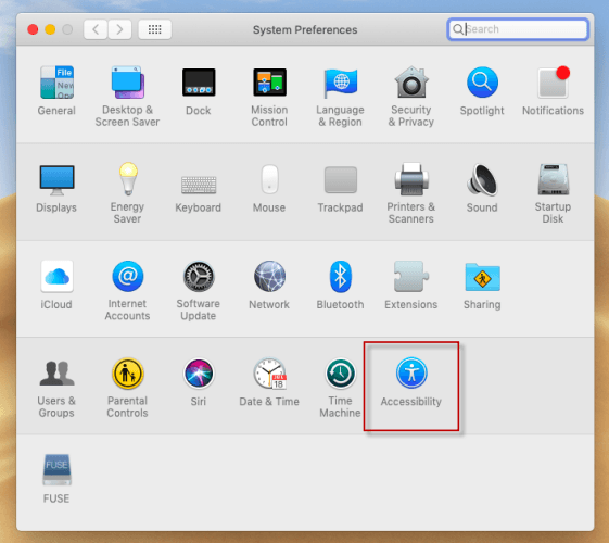 Accessibility highlighted in System Preferences window