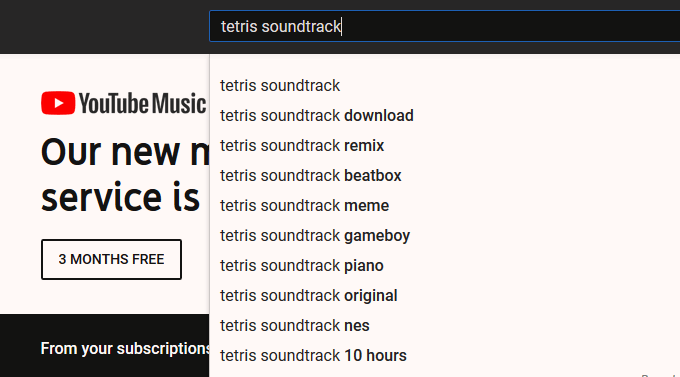 Youtube search bar with "tetris soundtrack" in the window