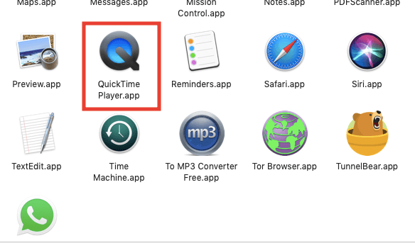 Quicktime Player.app highlighted in  Applications folder