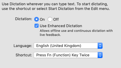 Dictation turned on with Use Enhanced Dictation checkmark 