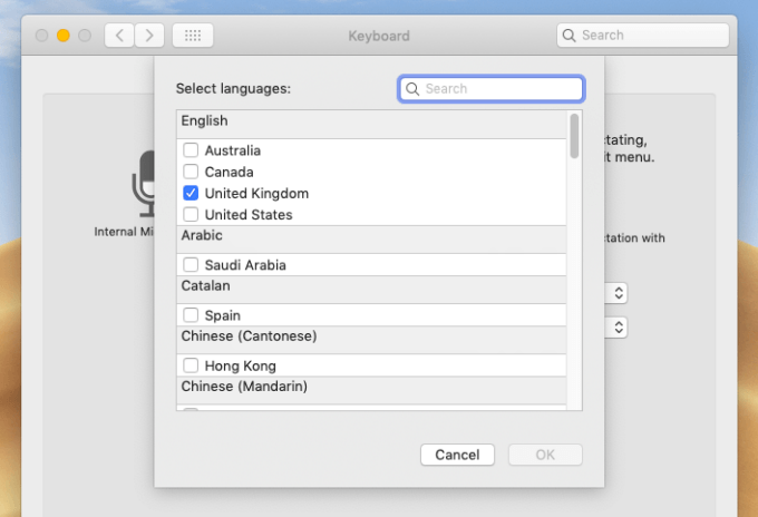 Select languages window with United Kingdom checked