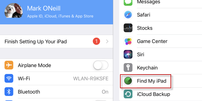 Find My iPad indicated in Settings window