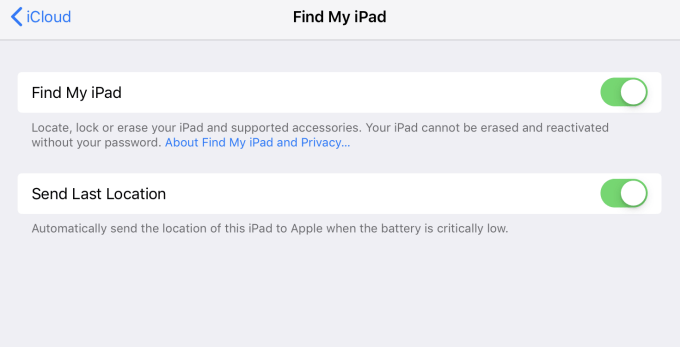 Find My iPad settings window with everything turned on