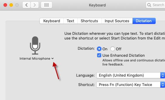 Dictation tab with Internal Microphone indicated