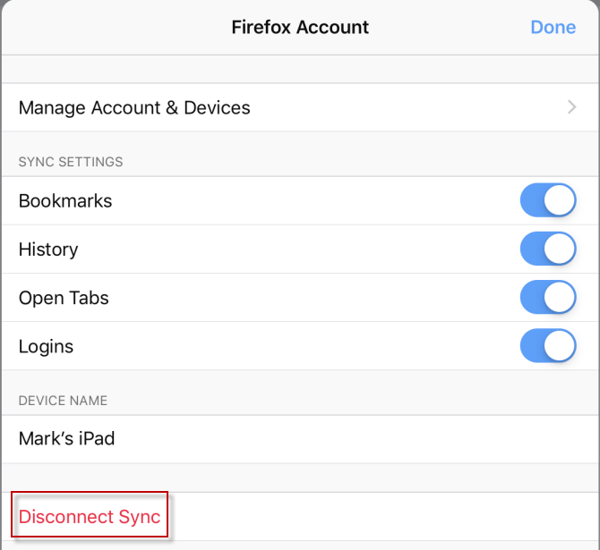 Firefox Account with Disconnect Sync highlighted