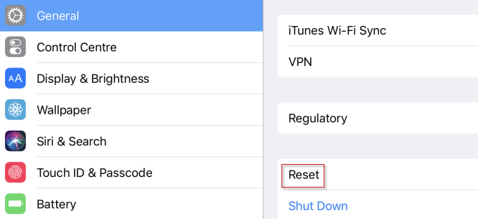 Reset menu highlighted under General Settings