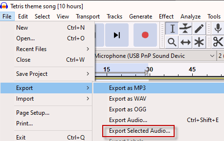 Export Selected Audio from Export menu highlighted