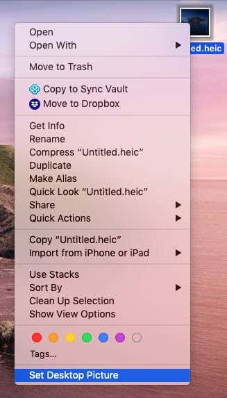 Right-click Desktp menu with Set Desktop Picture Window selected