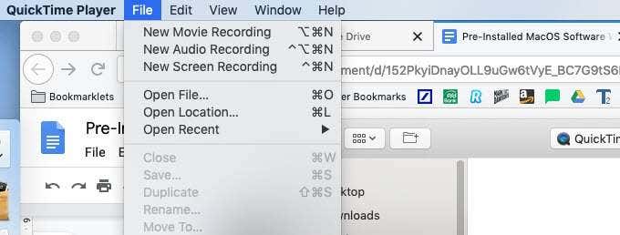 Quicktime file menu with New Movie Recording, New Audio Recording and New Screen Recording options