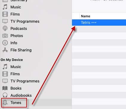 Tones tab selected with Tetris ringtone shown