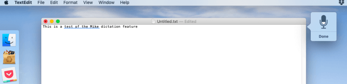 "This is a test of the Mike dictation feature" written in TextEdit