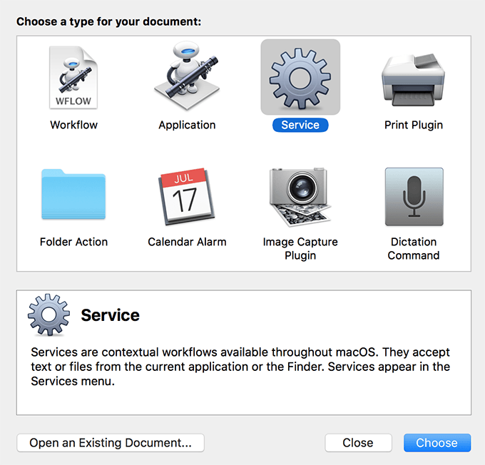Launchpad Automator window with Service selected 