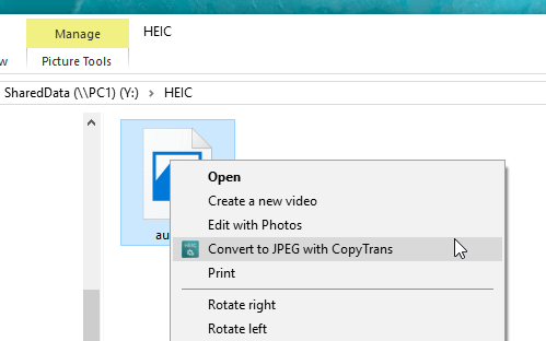 Right-click menu with Convert to JPEG with CopyTrans selected