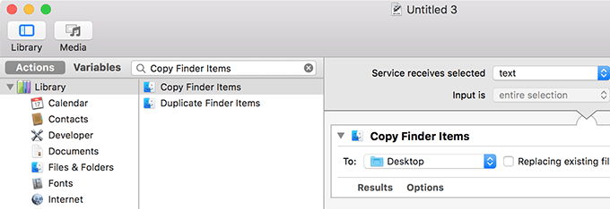 Search for Copy Finder Items and drag onto the right-hand window