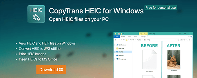 CopyTrans HEIC for Windows download page