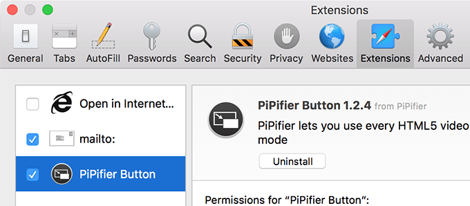 Pipifyer Button Safari Extension window