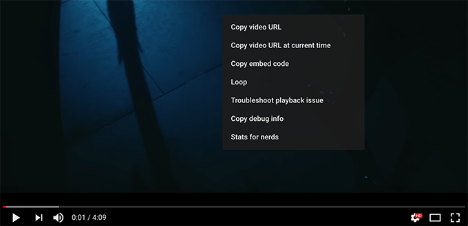 Right-click menu on a YouTube video window