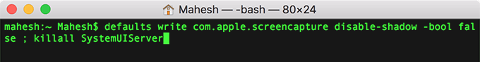 Terminal window with command: defaults write com.apple.screencapture disable-shadow -bool false ; killall SystemUIServer