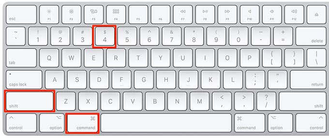 Mac keyboard with the 4, shift, and command keys highlighted