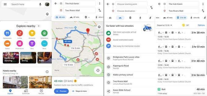 Google Maps app screens