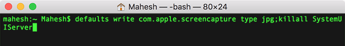 Terminal with command: defaults write com.apple.screencapture type jpg;killall SystemUIServer