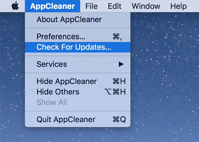 App Cleaner Check For Updates menu 