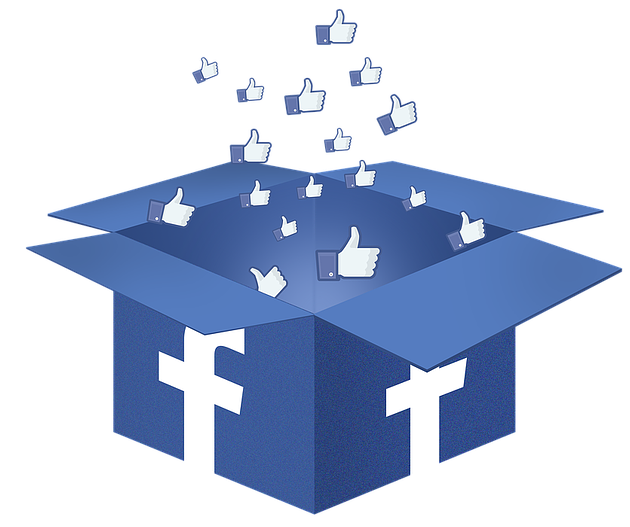 A box with Facebook's logo and "like" thumbs floating out