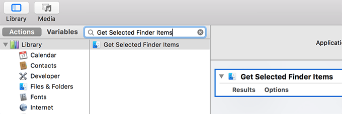 Get Selected Finder Items in action list