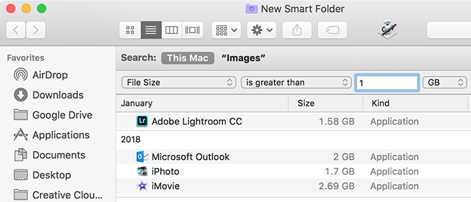 New Smart Folder that finds large files