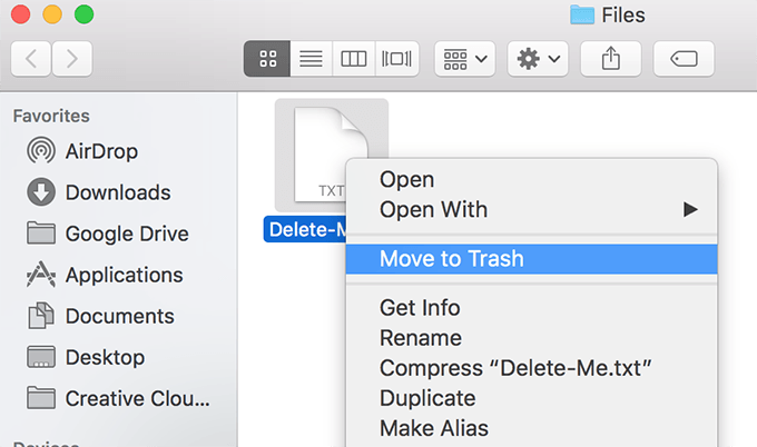 Right-click menu withe Move to Trash selected